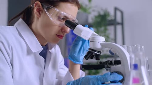 Scientist Operates Microscope in Bright Research Laboratory