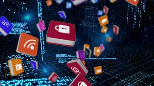 Internet icons and symbols on squares with computer codes