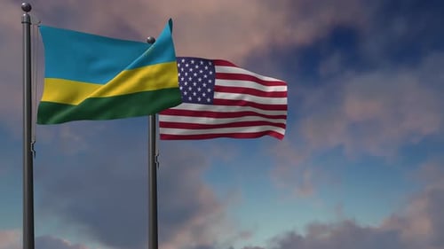 Rwanda and USA Flags Waving on Flagpoles Animation