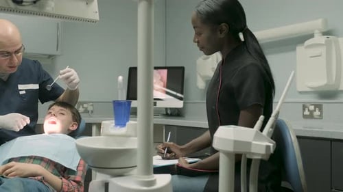 Dentist with stomatoscope and dental assistant writing notes