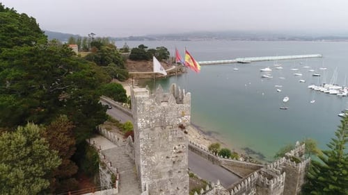 Boats in Baiona Harbour and Fortress. Galicia, Spain