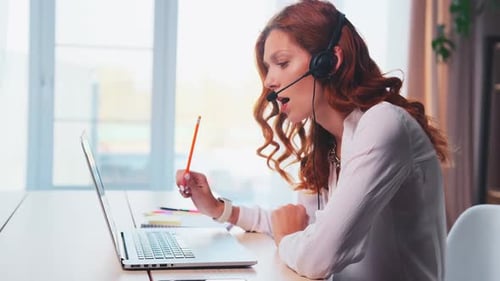 Side View Focused Young Woman Make Video Call Study Online Teacher