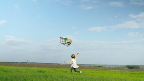 Cheerful little girl runs and playing with a kite on a green field