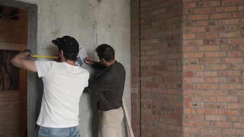 Junge und erwachsene Männer nehmen Wandmaße in einer neuen Wohnung vor