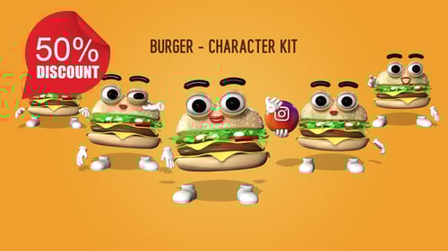 Animated 3D Cartoon Burger Characters with Social Media Emotes