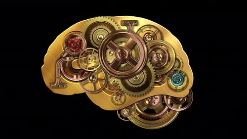 Animated Steampunk Brain of Golden Rotating Gears