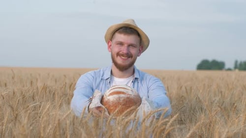 Smiling Farmer with Fresh Bread in Wheat Field