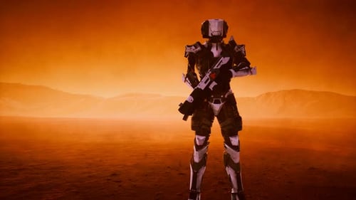 Futuristic Soldier in Desert at Sandstorm