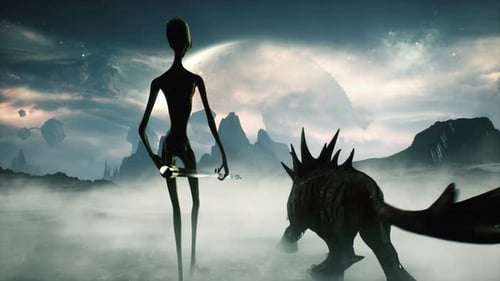 Space Scene with Alien and Creature on Foggy Planet