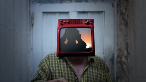 Surreal Person with Television Head Silhouette Display