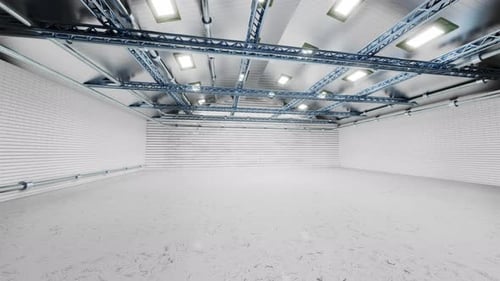 Empty Industrial Hangar with Steel Trusses and Ceiling Lights Animation