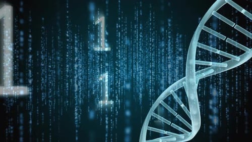 Digital DNA Helix with Falling Binary Code Background