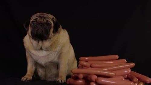 Gros plan d'un mignon carlin assis avec un tas de saucisses sur fond noir