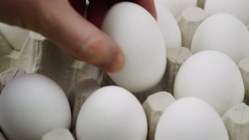 Hand Placing Many White Eggs and One Golden Egg on Platform Close Up