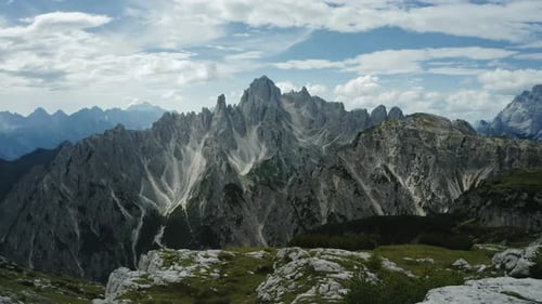 Aerial Orbit Auronzo Di Cadore of Cadini Di Misurina Mountains Group in Dolomites Italy Part of Tre