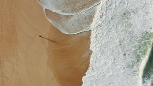 Aerial Footage of a Man Walking Along Sandy Beach