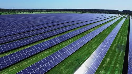 Solar Cells of Energy Farm at Sunlight. Aerial View Rows of Photovoltaic Panels