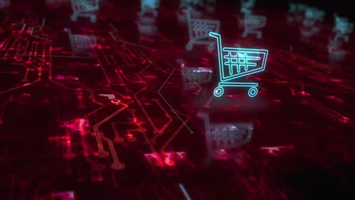 Futuristic Glowing Shopping Carts on Digital Circuit Board
