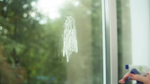Hand Spraying on Window with Detergent From Dispenser House Cleaning and Washing