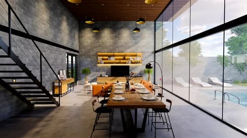 3d rendering. Interior house modern open living space with kitchen.