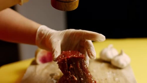 Seasoning Fresh Raw Meat for Cooking Preparation