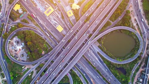4K : Hyperlapse drone shot over highway multi-level junction road.