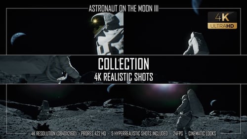 Astronaut Walking on Moon Surface Towards Distant Earth and Sun