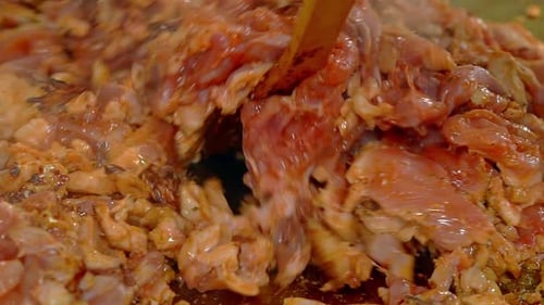 Close Up Slow Motion Cooking and Mixing Freshly Appetizing Chicken Meat