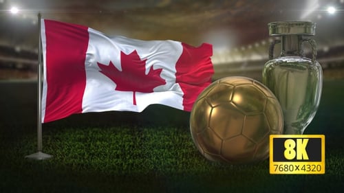 Animated Canadian Flag with Golden Soccer Ball and Silver Trophy