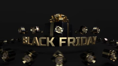 Elegant Black Friday Gold Text with Falling Gift Boxes