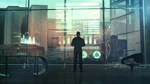 Futuristic Holographic Corporate Data Interface with Business Graphs and Charts