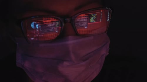 Futuristic Science Lab Masked Researcher Analyzing Data