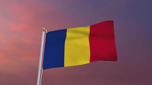 Realistic Romanian Flag Waving in Wind with Sunset Background