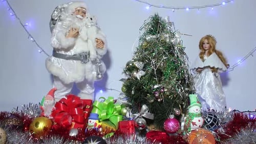Christmas Holiday Decorations with Tree, Presents and Figurines