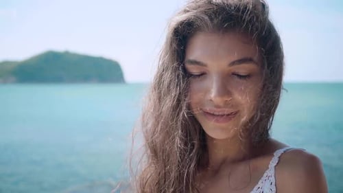 Close Up Portrait of Beautiful Young Woman Smiling and Looking at the Camera on Villa Slow Motion
