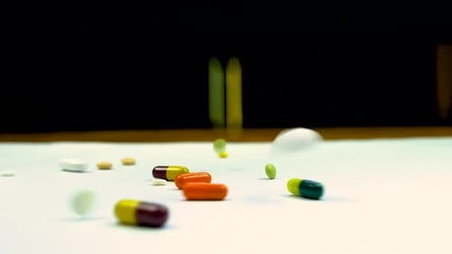 Pills and Capsules Falling on White Surface