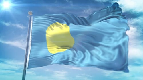Realistic Flag of Palau Waving Against a Bright Blue Sky