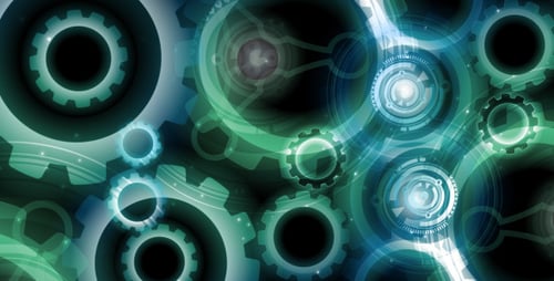 Futuristic Rotating Gears and Digital HUD Elements Background