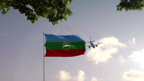 Waving Flag with Airplane Flying Over Modern City