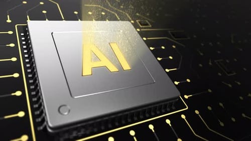 Renderização 3D do chip de computador sobre o fundo do circuito com sinal AI.