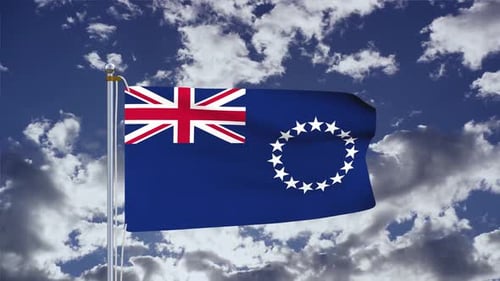 Cook Islands Flag Waving Animation with Blue Sky Background