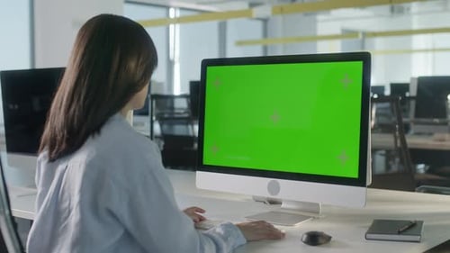 Business Woman Working In Office Interior On Pc On Desk Looking At Display Green Screen