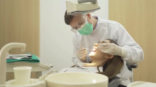 Dentist Inspecting Teeth of Female Patient in Clinic