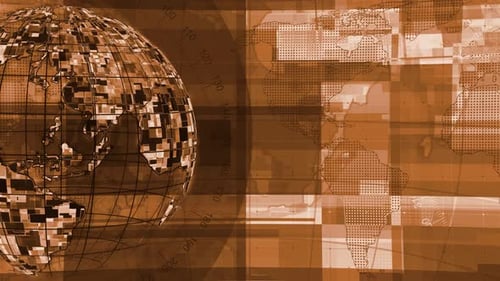 Animated Global Data Network Background with Wireframe Earth and Geometric Patterns