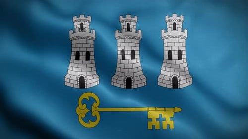 Waving Flag Animation with Three Castle Towers and Golden Key