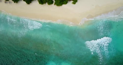 Luxury overhead abstract shot of a summer white paradise sand beach and aqua blue water background i