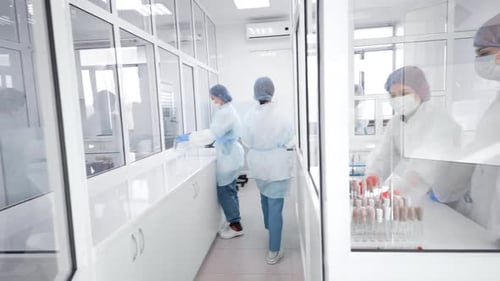 Group of Employees and Scientists of a Modern Biochemical Laboratory Doing Tests and Analyzes in