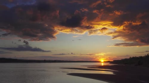Beautiful Landscape with Sunset Over River