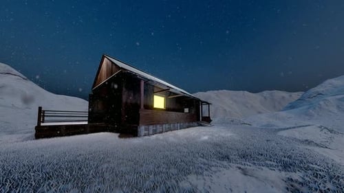 3D Animated Snowy Landscape with Cozy Cabin at Night