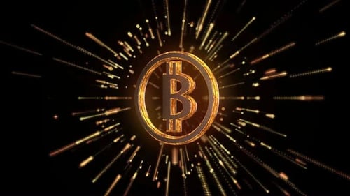 Golden Bitcoin Symbol Rotating with Abstract Particle Effect